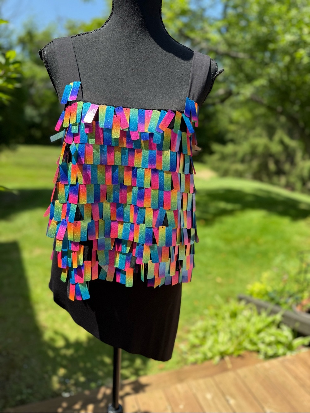 Hand made Black Tank Top with Multicolor Rainbow Sequin Fringe size S